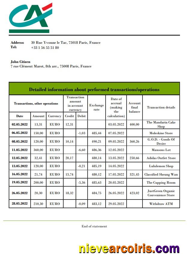 France Credite Agricole Bank statement
